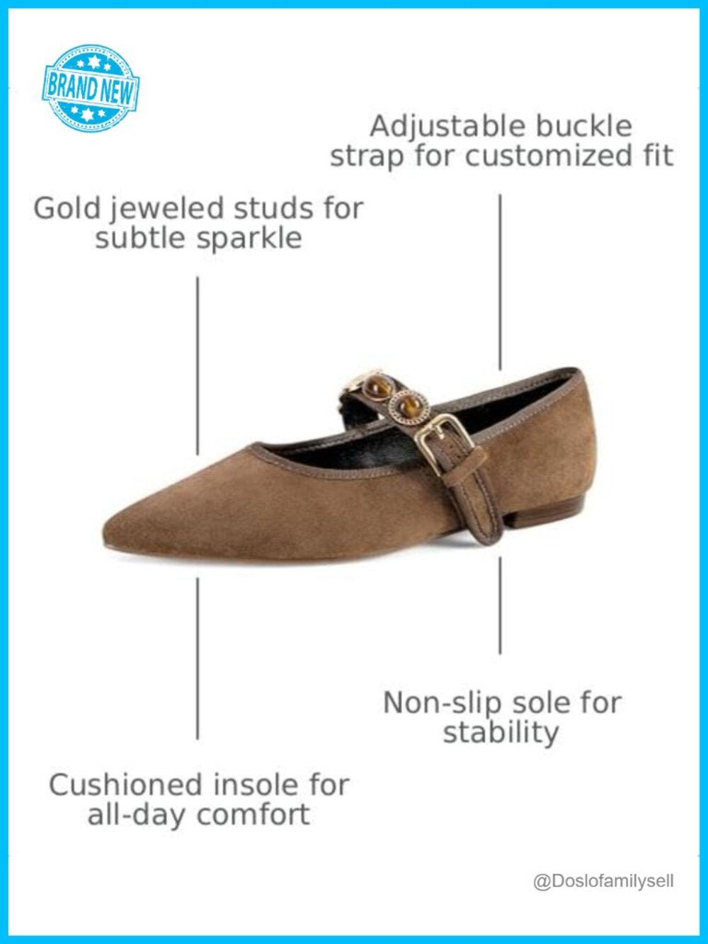 Gold Studded Pointed Toe Mary Jane Flats Buckle Strap Ballerina - Picture 2 of 6
